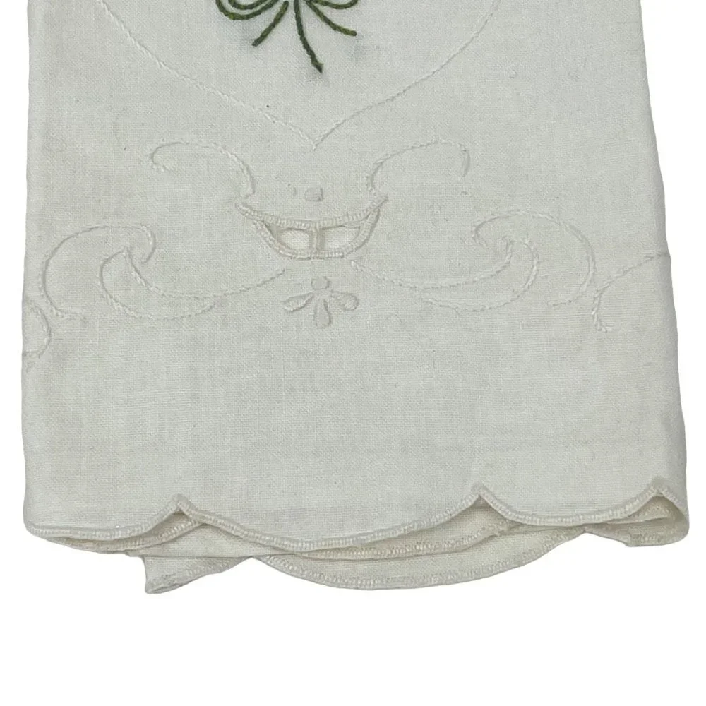Vintage Hand-Embroidered Tea Towels White Pink Flowers Set of 2
